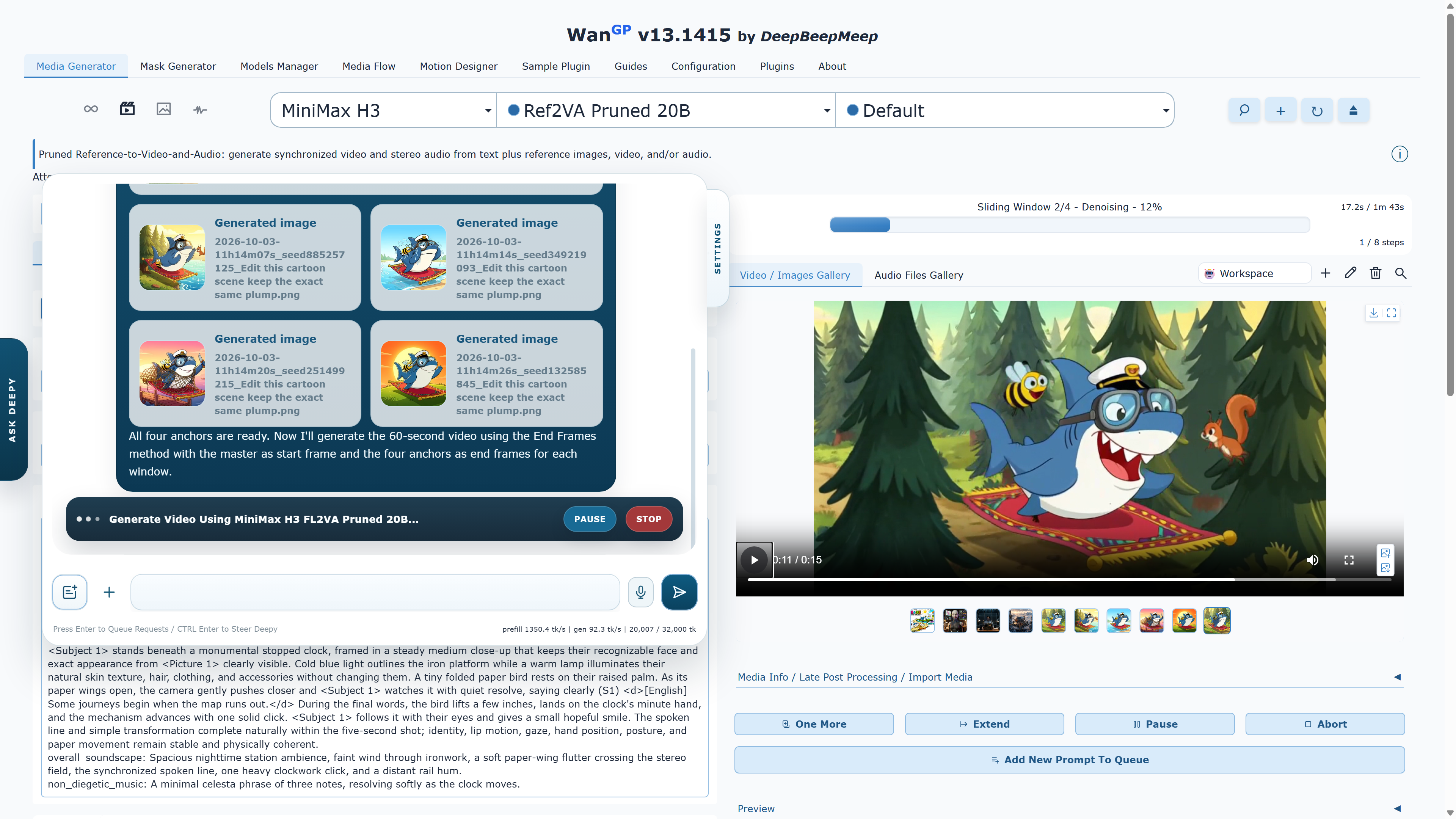 Deepy generating a longer MiniMax H3 video from four scene anchors inside the full WanGP browser workspace