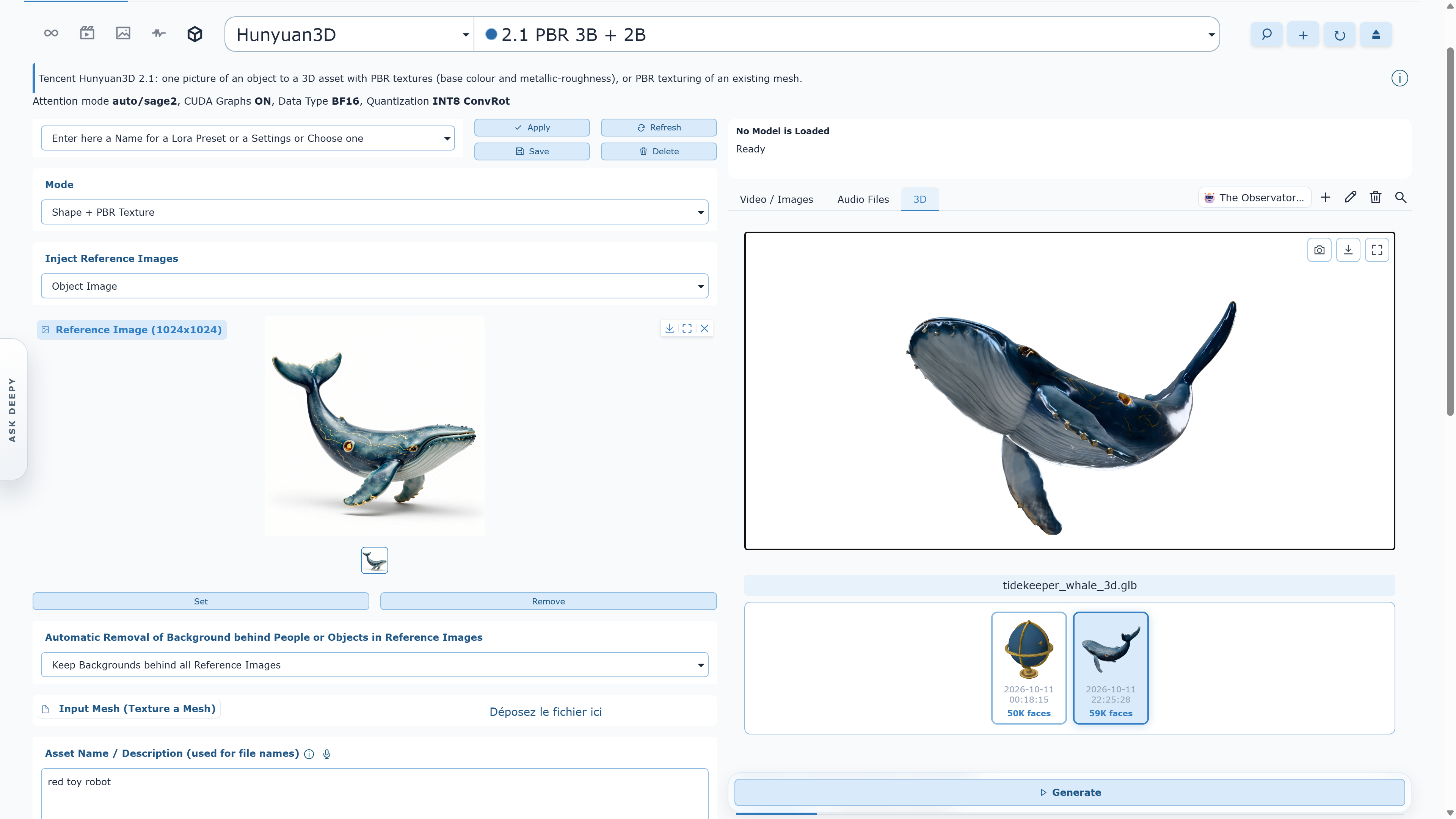WanGP Hunyuan3D 2.1 workspace showing a whale reference image beside its textured 3D asset